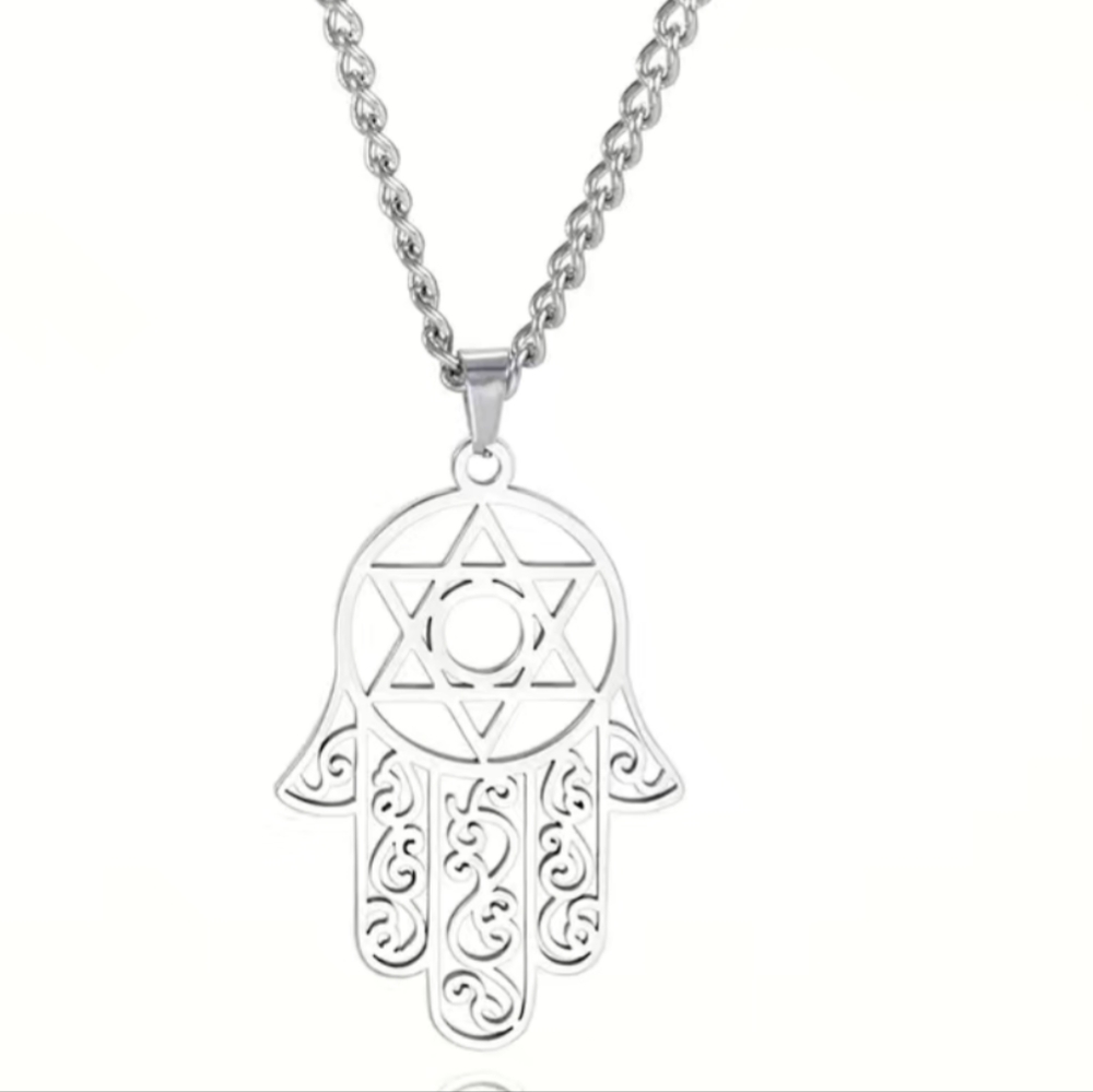 Hamsa aka Hand Of Fatima + Star Of David inset Pendant Necklace - Picture 3 of 7